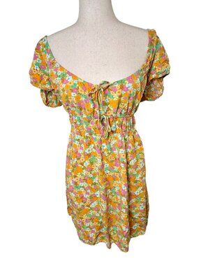 Billabong Yellow Floral Puff Sleeve Tie Front Mini Dress Size Large